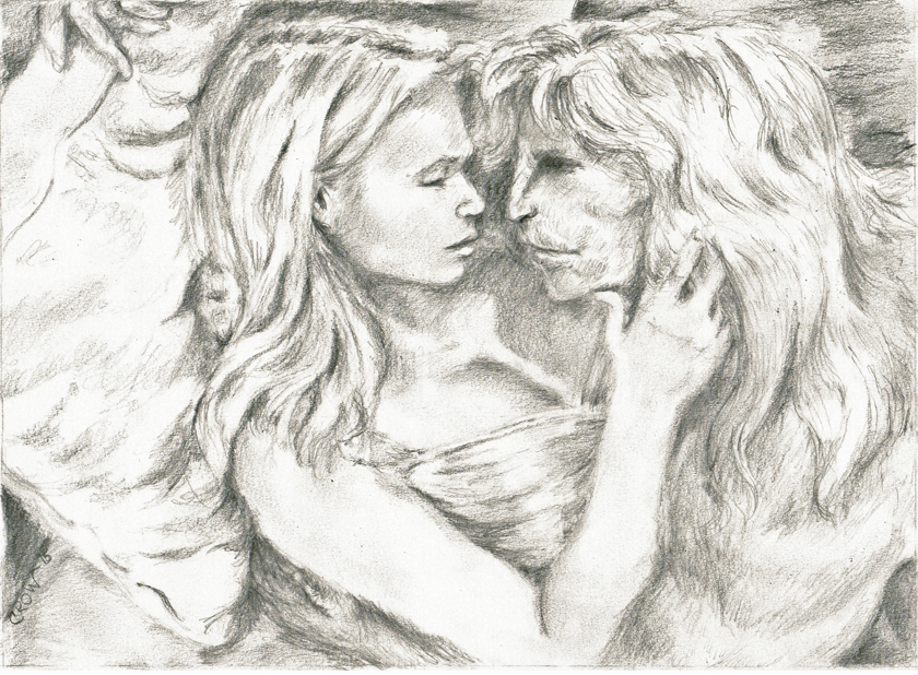 V and C together in a loving pose in bed. Art by crowmama