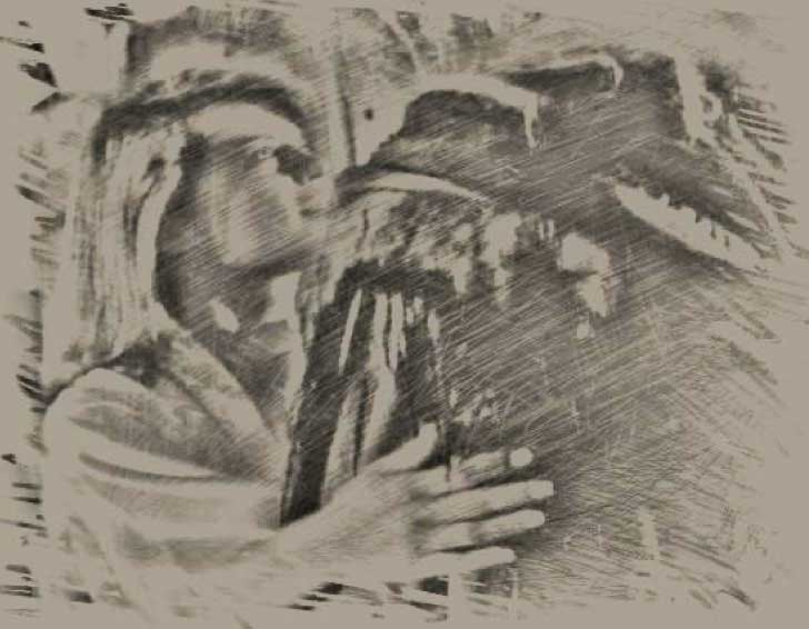 Catherine asking Vincent to stay, drawing by Paula