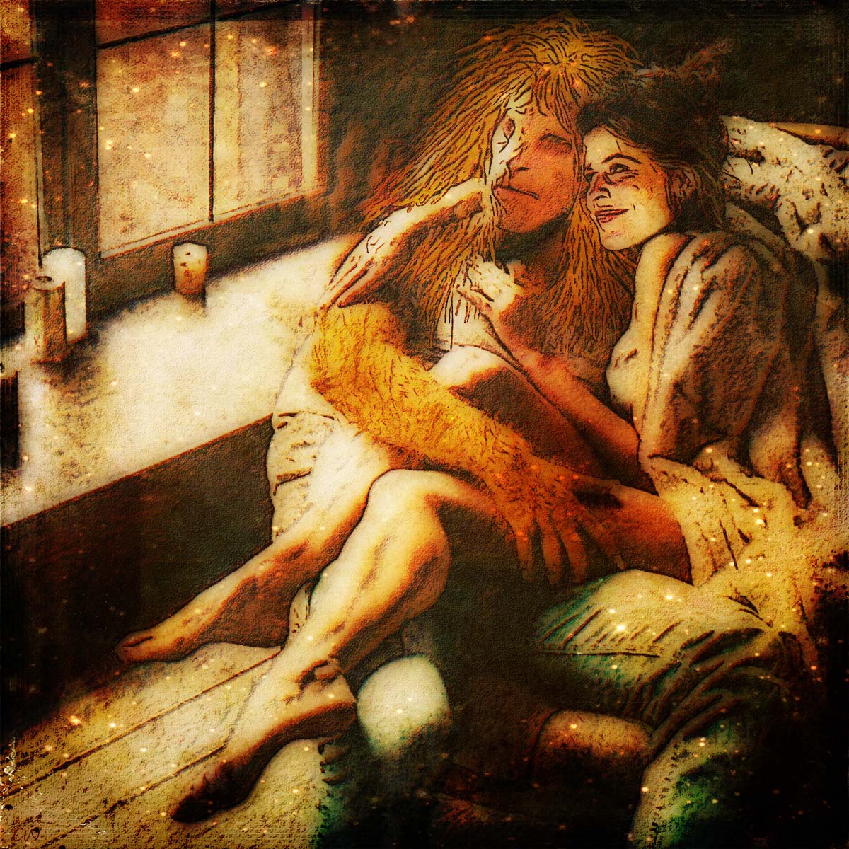 V and C sitting together in an armchair in a loving, intimate pose, gazing out a window