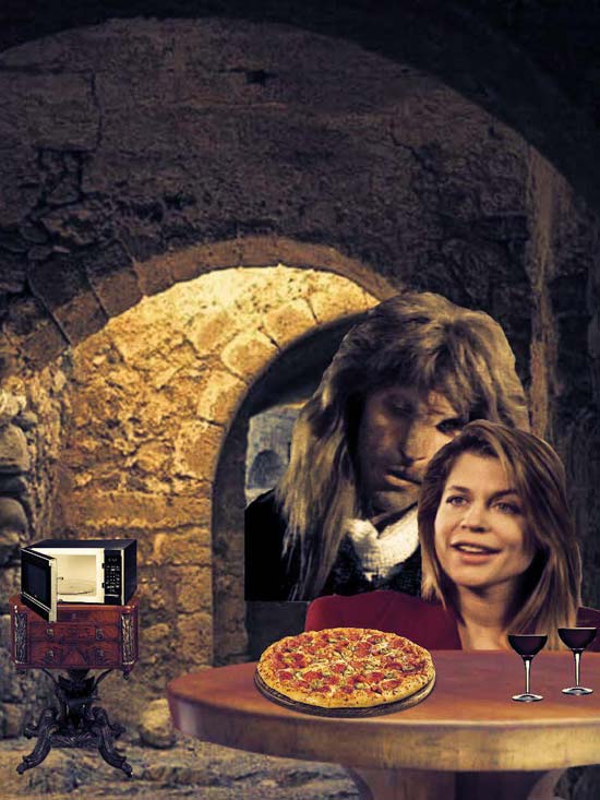 V and C in a chamber with a microwave and a pizza on a table