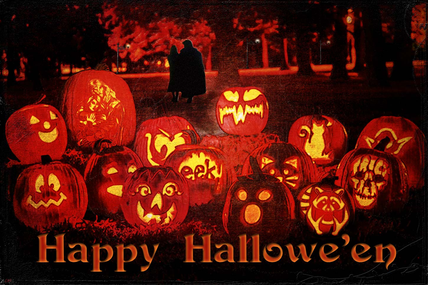 C and V walking away from a collection of carved pumpkins placed in Central Park. The pumpkins have been carved in BatB images, one of  r