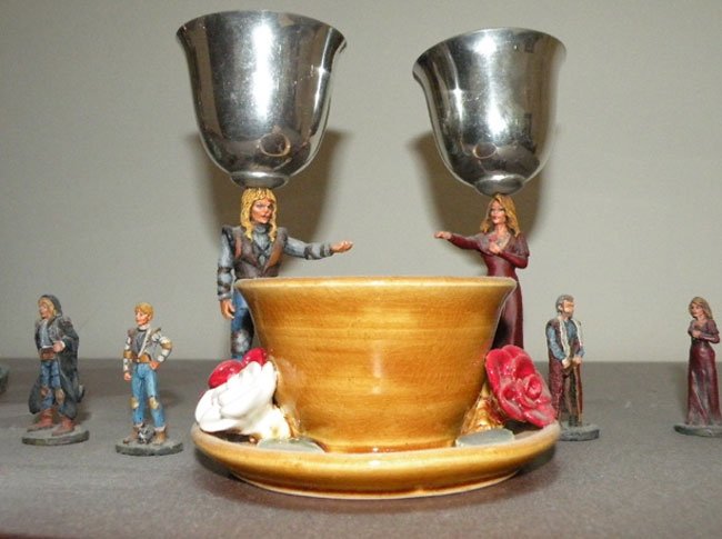 close up of painted V and C goblets, painted pewter miniatures