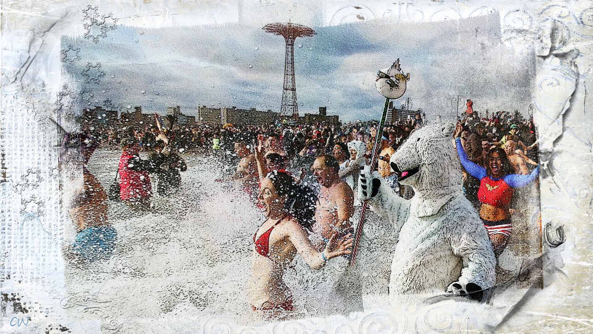 vincent,catherine, devin, Brigit crashing into the water on new Year's Day at Coney island